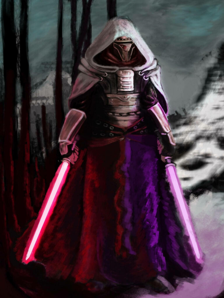 Darth Revan in snowy forest wielding dual glowing lightsabers Sith Lord wallpaper background