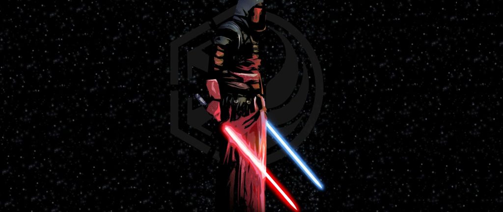 Darth Revan digital art with red and blue lightsabers starry background Star Wars wallpaper