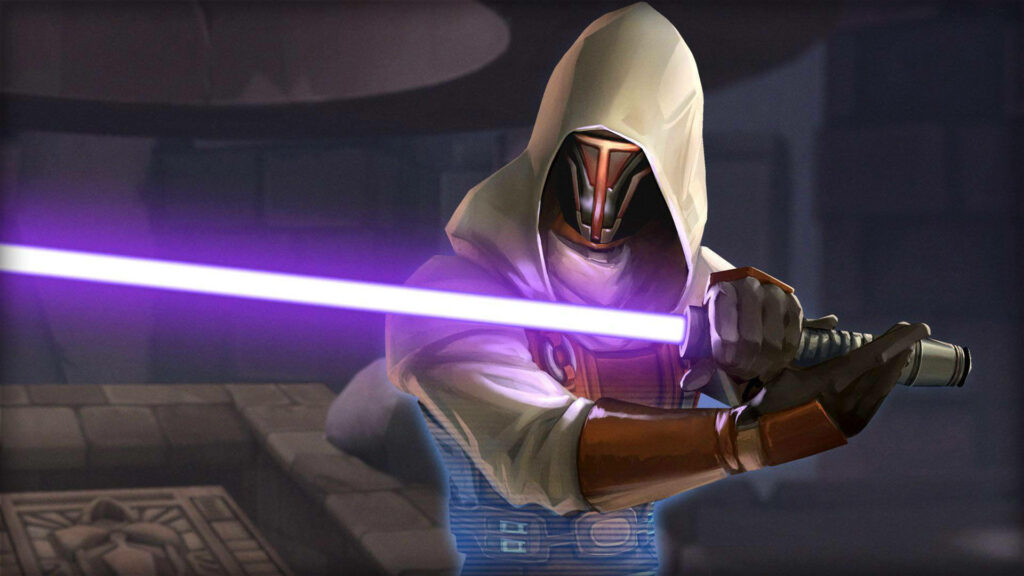 Darth Revan in hooded robe wielding purple lightsaber Star Wars wallpaper background