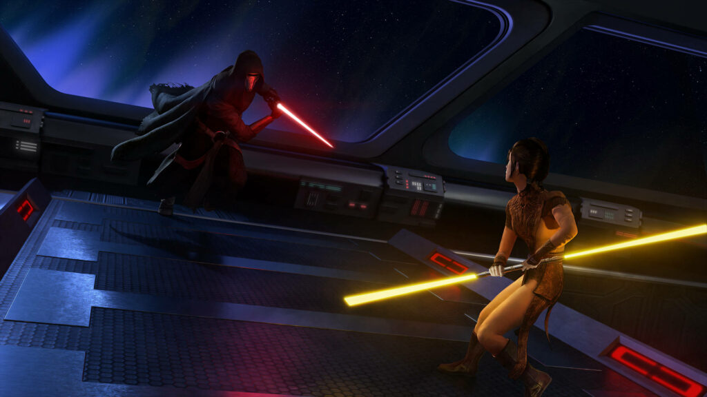Darth Revan and Bastila Shan clash lightsabers aboard starship in deep space KOTOR wallpaper