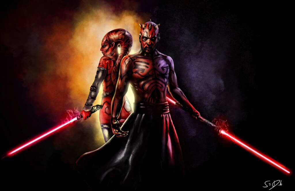 Darth Talon and Darth Maul battle with glowing lightsabers in vivid red yellow Star Wars wallpaper