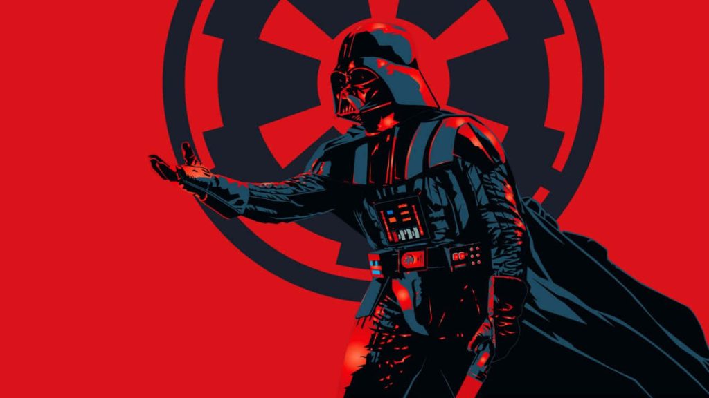 Darth Vader digital wallpaper with Galactic Empire crest bold red tones cinematic lighting