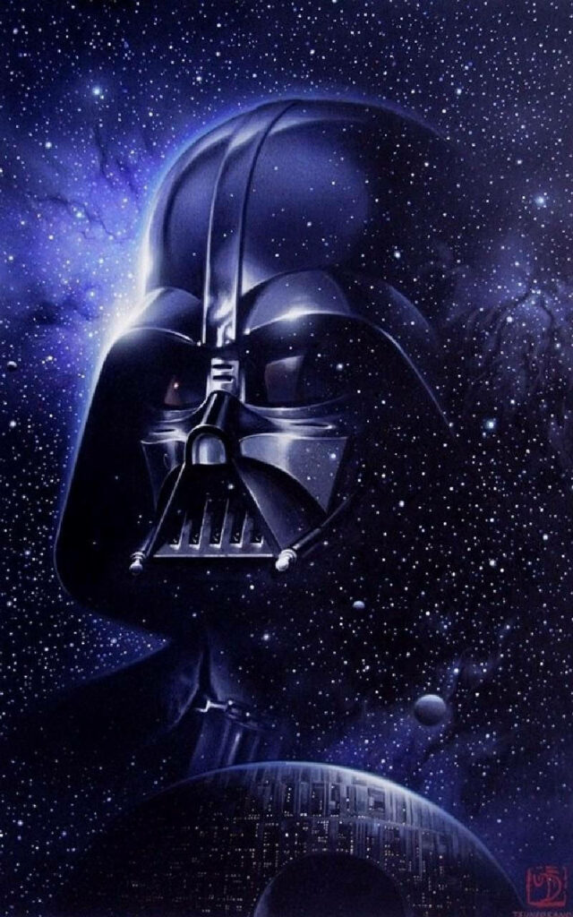 Darth Vader with illuminated helmet overlooking starry galaxy and Death Star wallpaper background