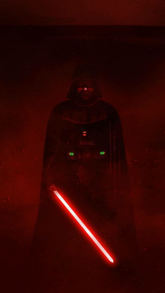 Darth Vader igniting red lightsaber in shadows intense Star Wars wallpaper background