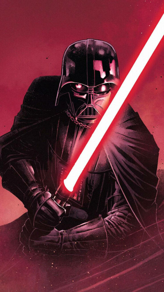Darth Vader wielding red glowing lightsaber in dark intense red background wallpaper