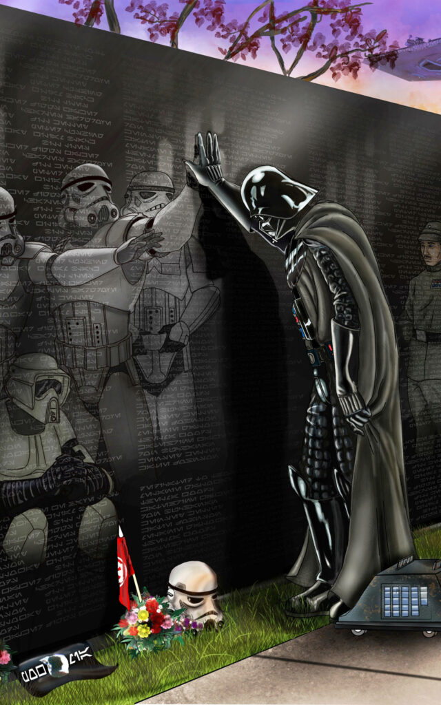 Darth Vader solemnly reflects at Stormtrooper memorial wall with petals and helmet foreground Wallpaper