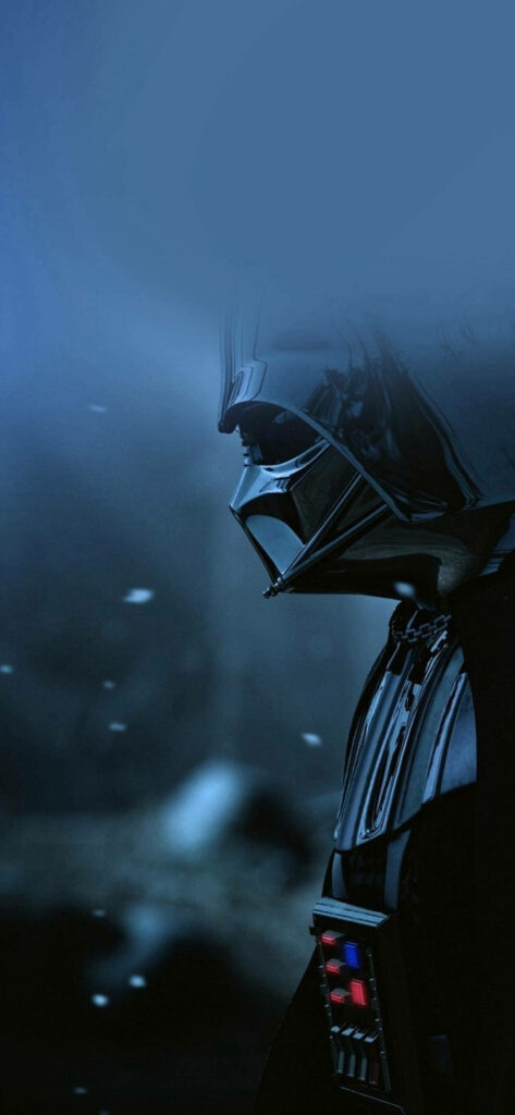 Darth Vader iPhone X wallpaper dark atmosphere blue lighting falling snow Star Wars villain silhouette