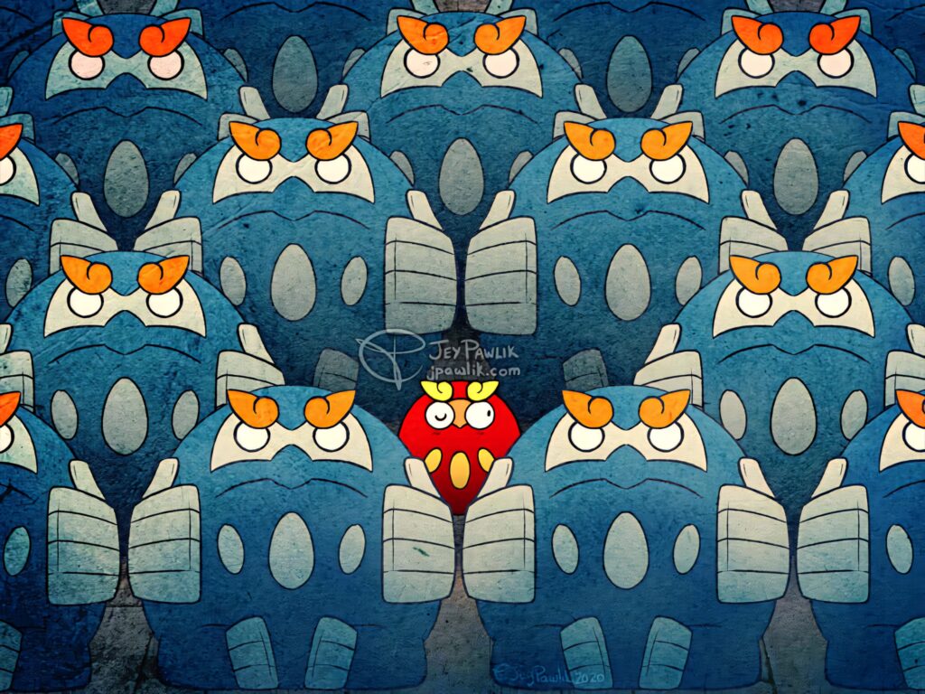 Darumaka centered with repeating Cofagrigus pattern blue red cartoon wallpaper background