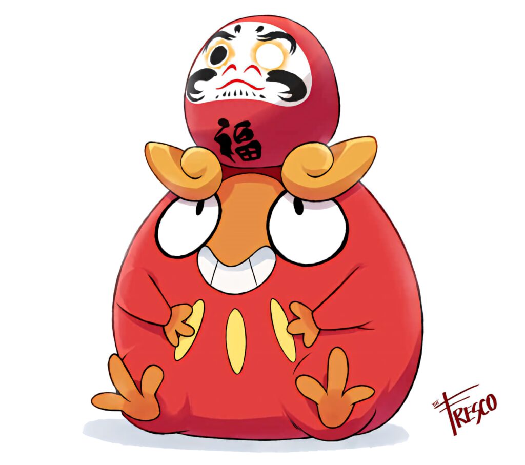 Darumaka Pokémon as traditional red Daruma doll vibrant anime wallpaper background design