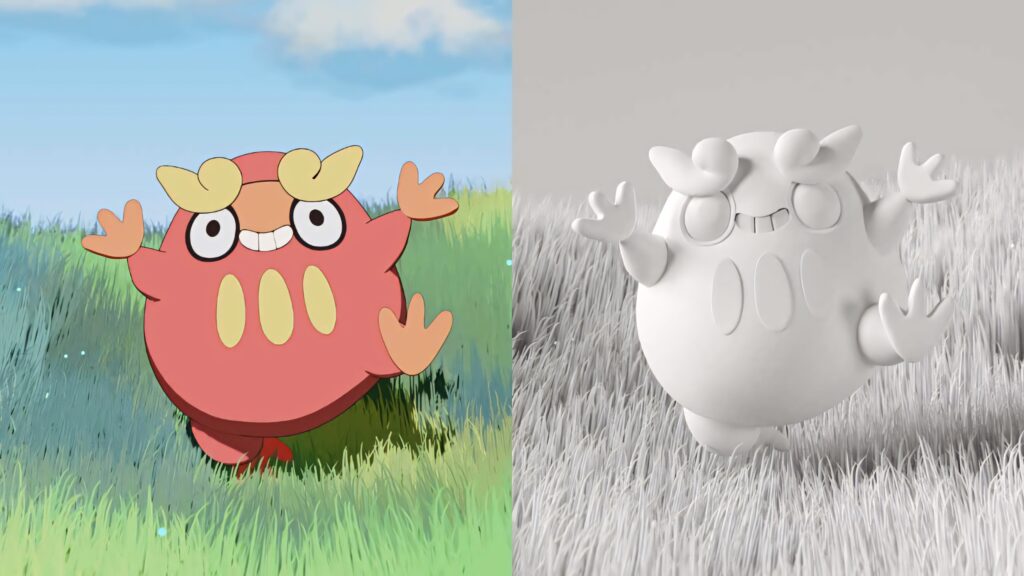 Darumaka Pokemon wallpaper split vibrant color and grayscale 3D showing playful expression and texture