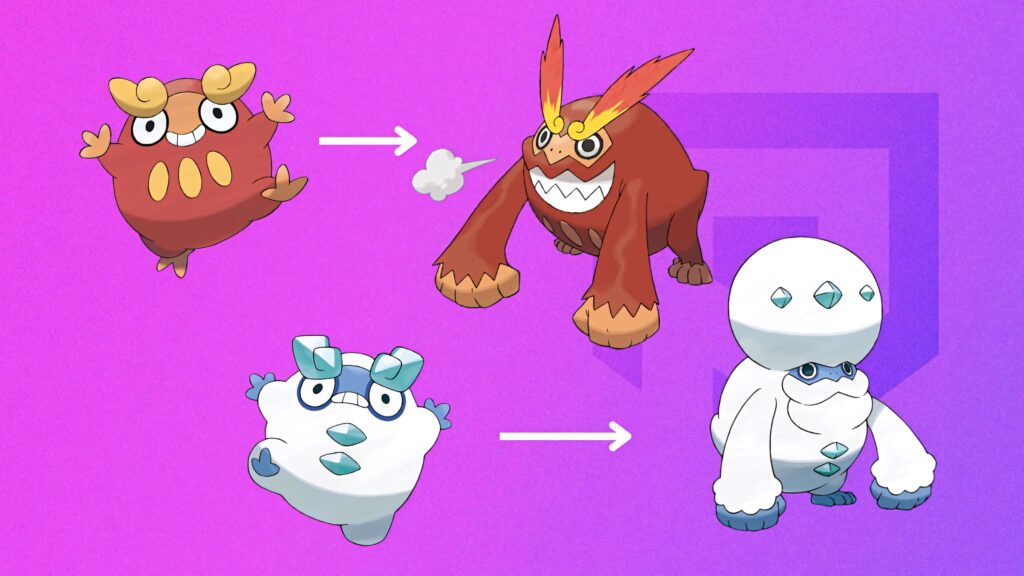 Darumaka evolution chart wallpaper showing original and Galarian forms evolving to Darmanitan on pink purple background