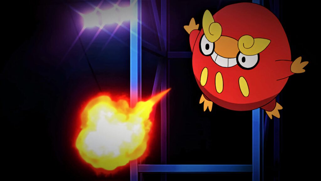 Darumaka unleashing vibrant Fire Blast flames in dark metallic arena anime style wallpaper