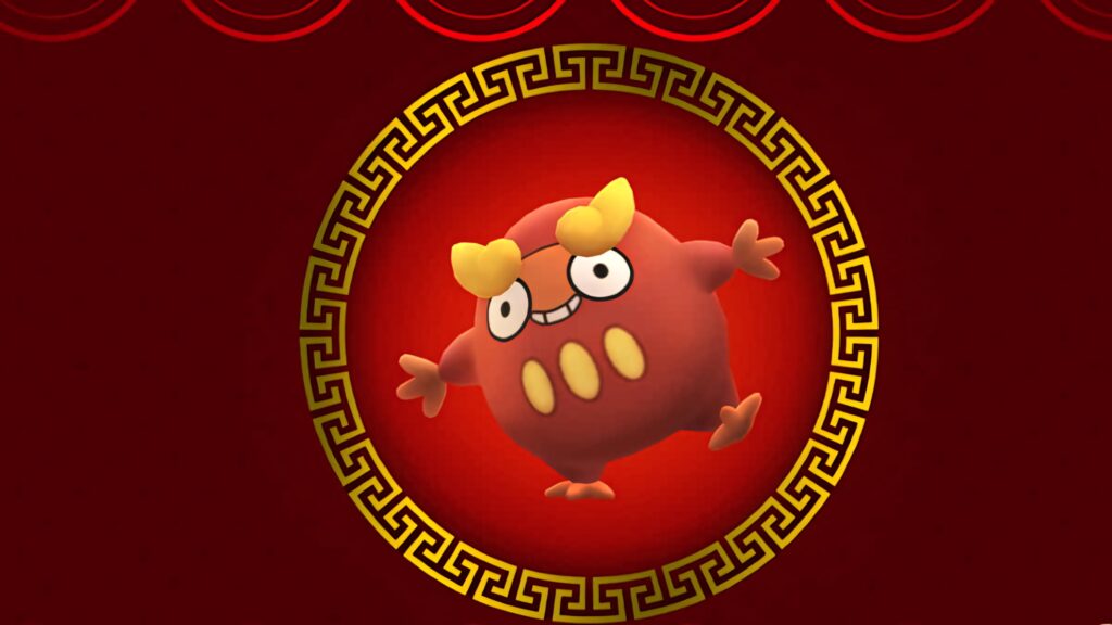 Darumaka Pokémon vibrant wallpaper red background ornate circular border lively expression