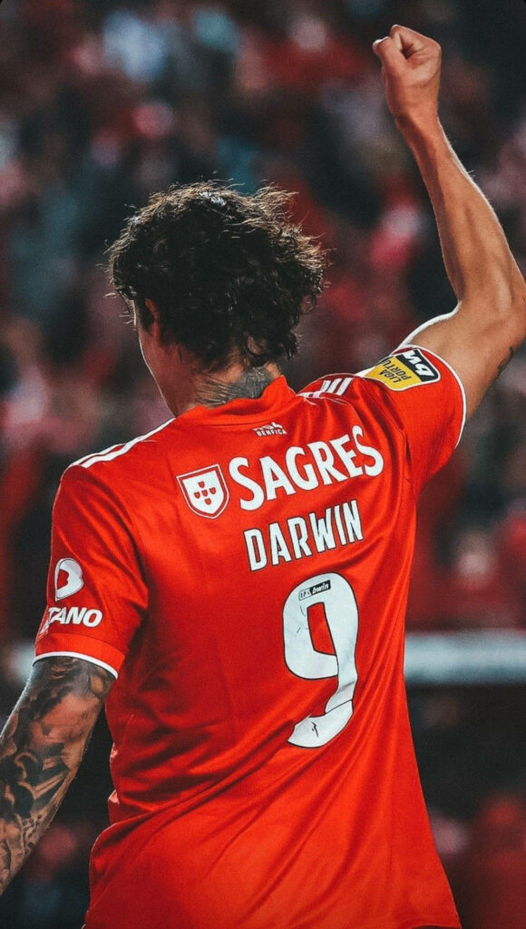 Darwin Núñez Benfica jersey fist pump celebration vibrant football wallpaper background stadium