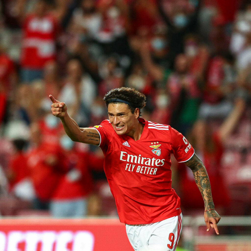 Darwin Núñez celebrates passionately in vibrant Benfica kit with crowd and stadium energy Wallpaper