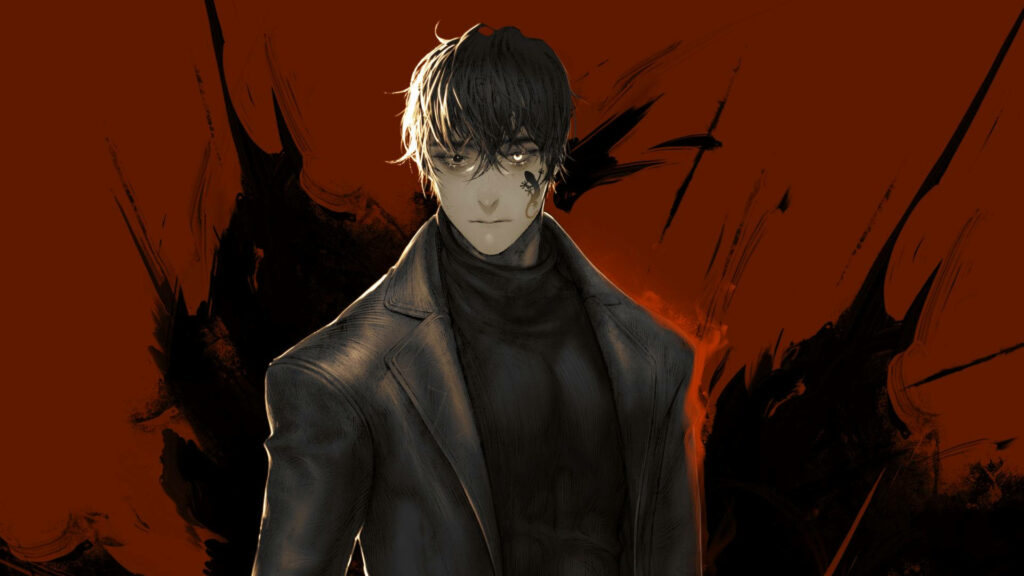 Suave Anime Protagonist Dons Sharp Black Suit in Vibrant Red Atmosphere - Striking 1080p HD Wallpaper