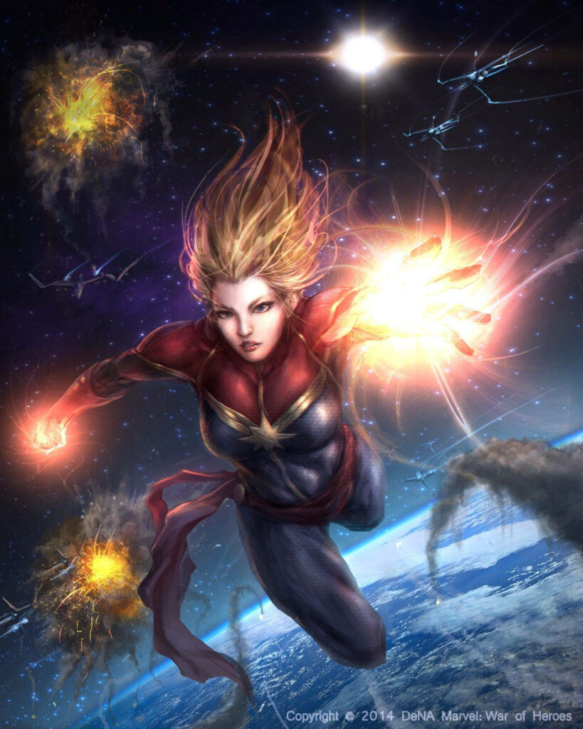 Pioneering Cosmic Warrior: Captain Marvel Shines amidst Explosive Galactic Showdown Wallpaper