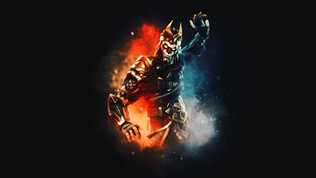 Omega: The Captivating Fortnite Skin Radiating Dynamic Red and Blue Smoke on a Mysterious Background Wallpaper