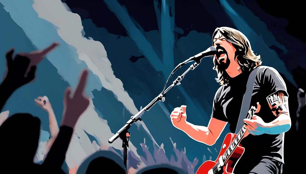 Dave Grohl Foo Fighters live performance red guitar dynamic concert lighting artwork wallpaper