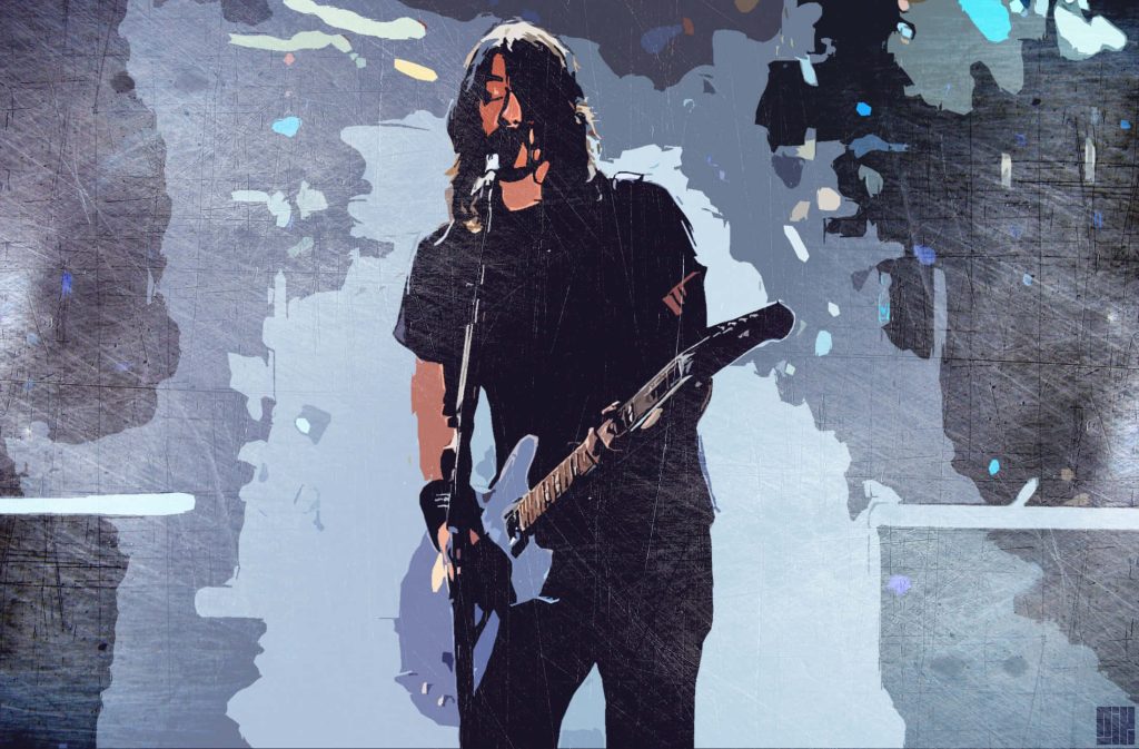 Stylized digital wallpaper of Foo Fighters Dave Grohl in intense live rock performance blue tones