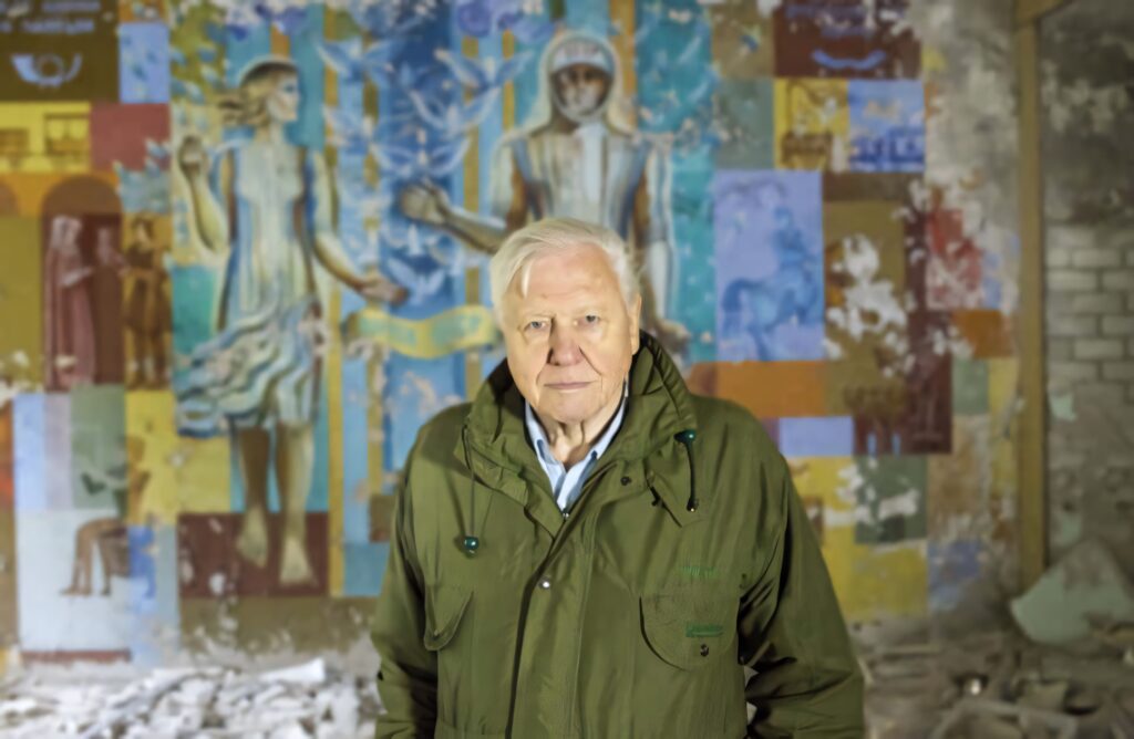 David Attenborough in green jacket before vibrant weathered mural in ruined building urban exploration Wallpaper