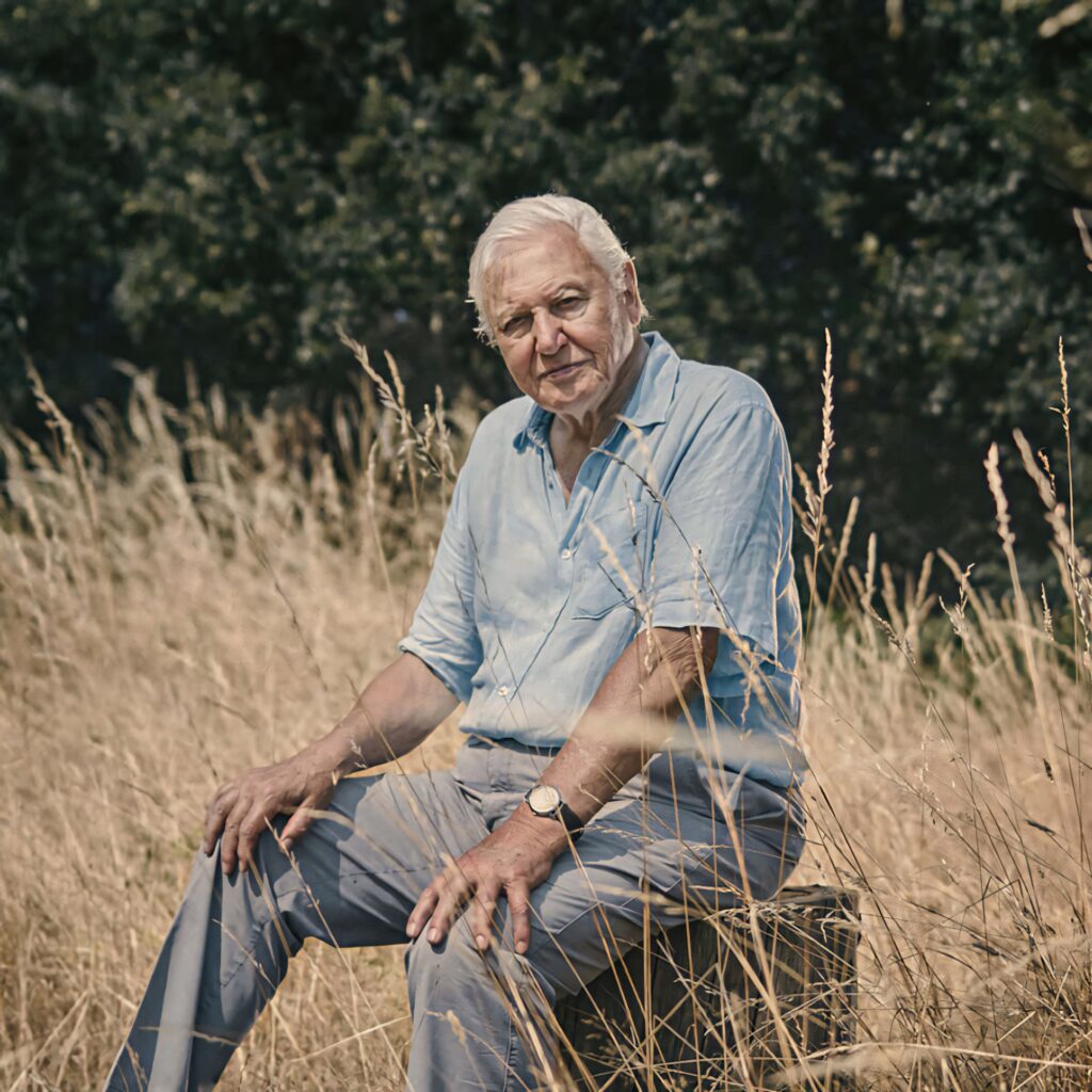 David Attenborough sitting in golden grass with green trees in a serene nature conservation scene Wallpaper