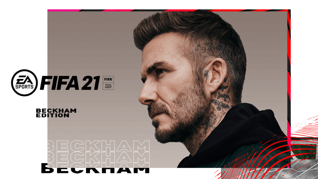 David Beckham FIFA 21 wallpaper with EA Sports logo and dynamic gray background for gamers