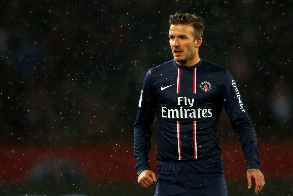 David Beckham in Fly Emirates Jersey: Iconic PSG Football Wallpaper