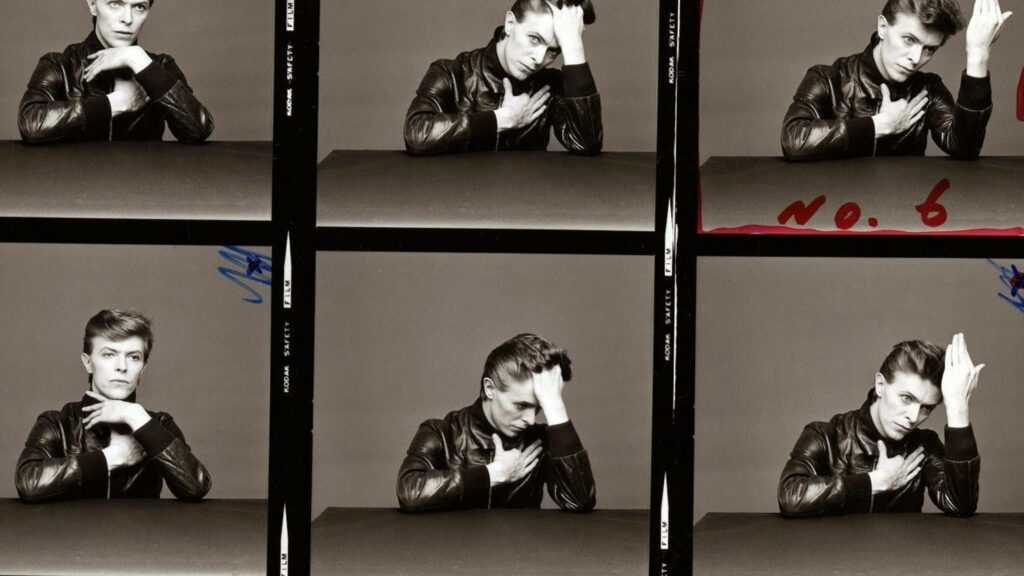 Black and white David Bowie photo sequence wallpaper showcasing his iconic style and poses