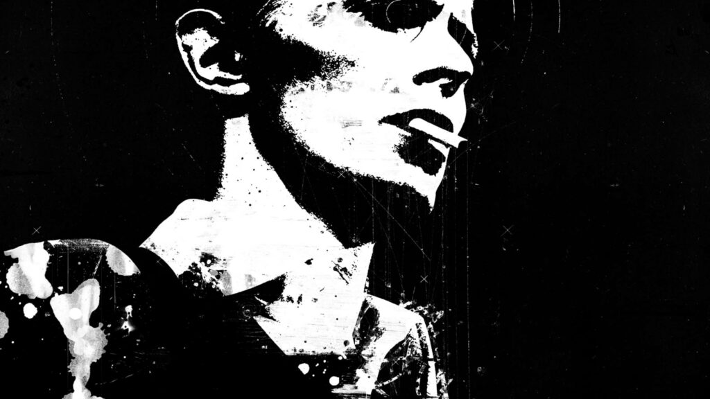 Black and white high contrast David Bowie portrait wallpaper showcasing iconic enigmatic presence