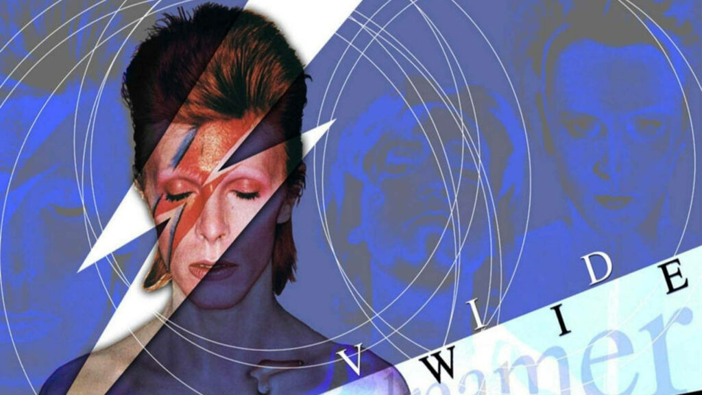 David Bowie glam rock lightning bolt makeup digital art wallpaper vivid blue background