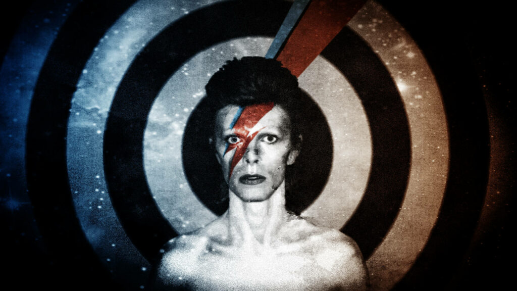 David Bowie with lightning bolt makeup stands before bold target background artistic wallpaper