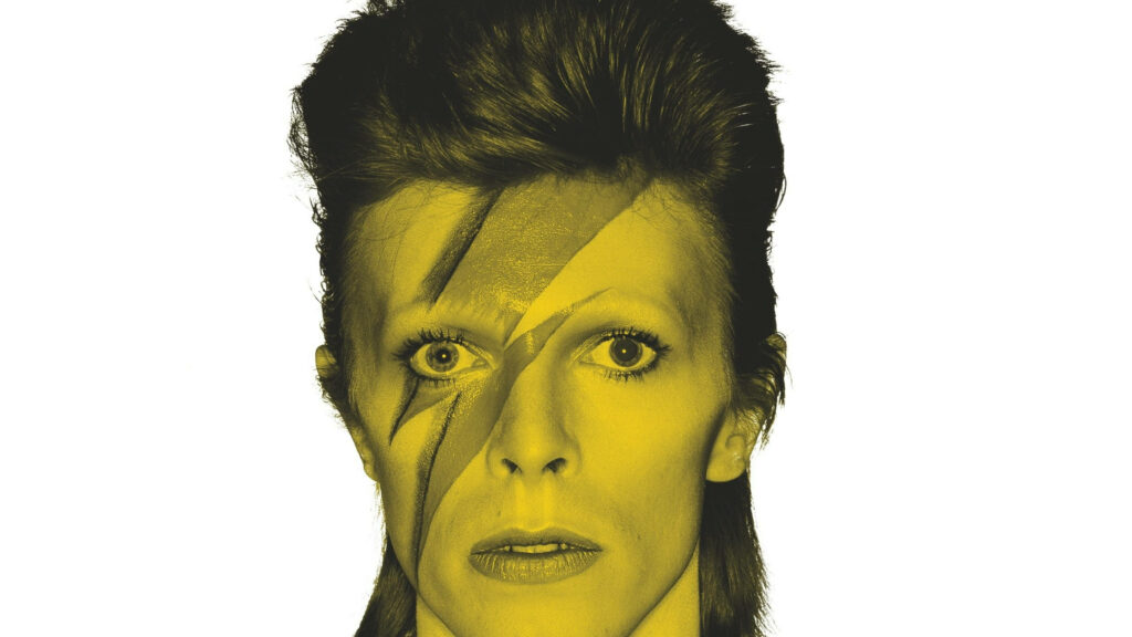 David Bowie iconic portrait with yellow lightning bolt on face white background wallpaper