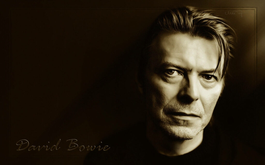 Monochrome David Bowie wallpaper with intense lighting sharp shadows and expressive iconic gaze