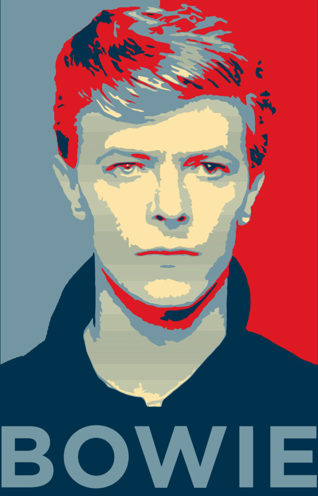 David Bowie bold red and blue graphic portrait wallpaper with iconic style and name displayed