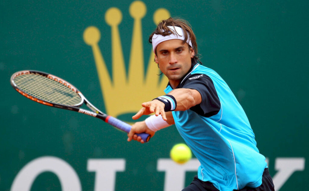 David Ferrer focused forehand shot in blue top white headband tennis court wallpaper background
