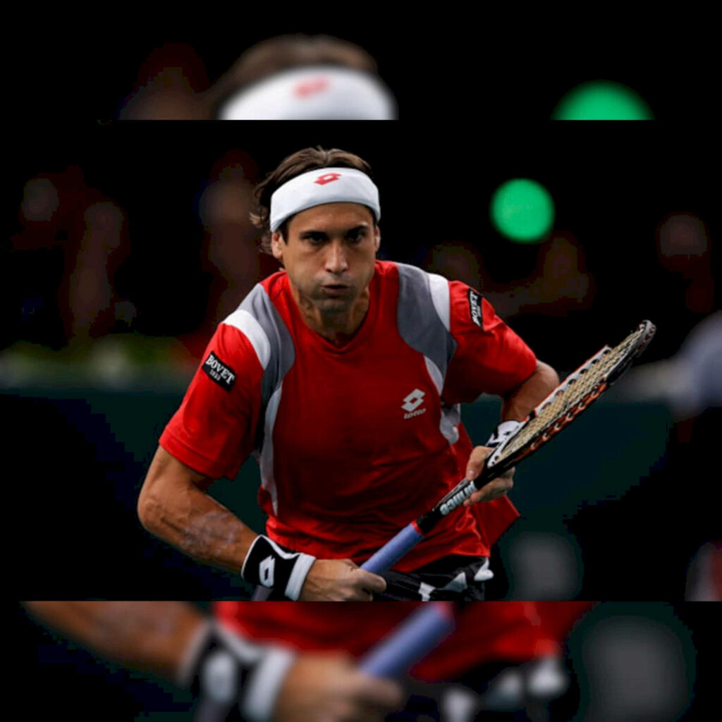 David Ferrer in red and gray tennis outfit with white headband showing intense focus on court Wallpaper