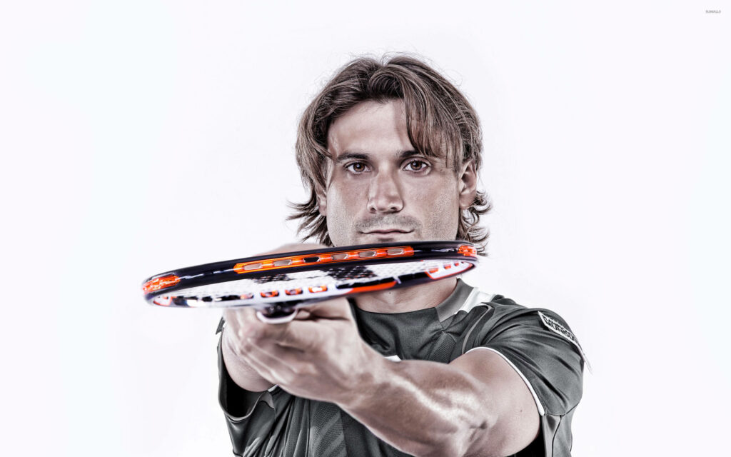 David Ferrer intense tennis action shot with racket extended on minimalist white background wallpaper