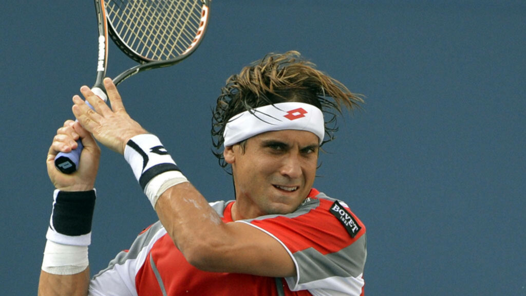 David Ferrer mid-swing tennis action red white outfit intense focus dynamic sports wallpaper