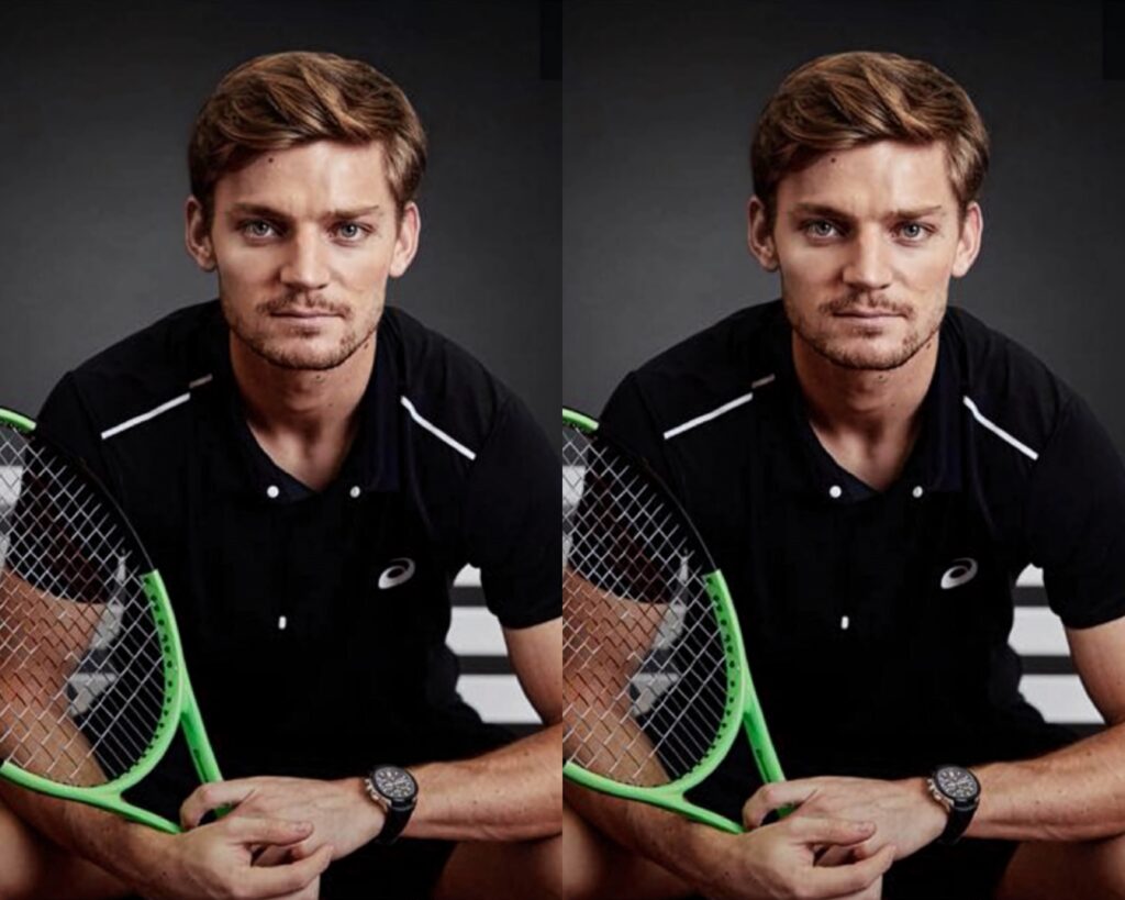 David Goffin tennis wallpaper collage black outfit green racket focused athletic portrait background