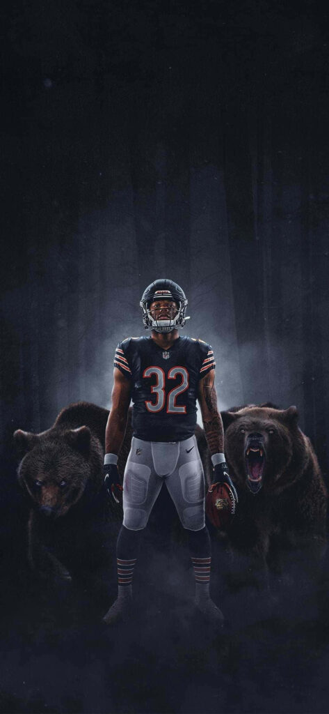 David Montgomery in Chicago Bears uniform with two fierce bears dark moody sports wallpaper background