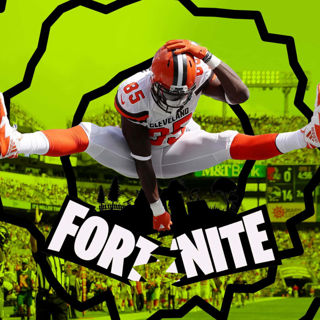 David Njoku Cleveland Browns mid-air Fortnite crossover wallpaper green black comic background