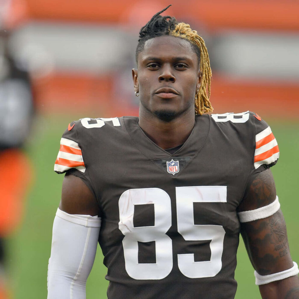 David Njoku in Cleveland Browns jersey 85 focused on the field with stadium background wallpaper