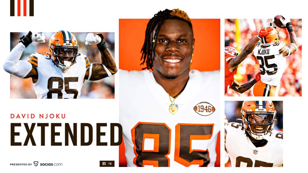 David Njoku Cleveland Browns wallpaper in bold orange white collage showcasing athletic action
