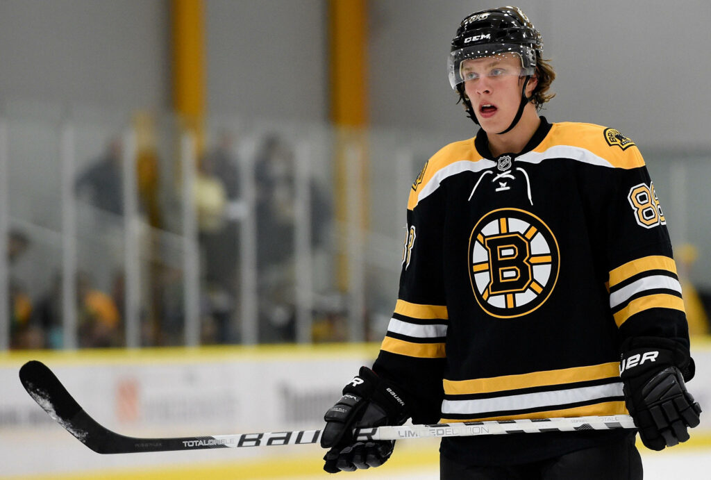 David Pastrnak Boston Bruins hockey player focused on ice in black and gold jersey action wallpaper