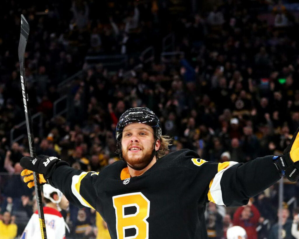 David Pastrňák Boston Bruins celebrates goal in black and gold jersey at energetic arena fans background Wallpaper