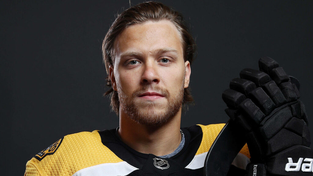 David Pastrnak Boston Bruins headshot focused expression professional hockey gear wallpaper