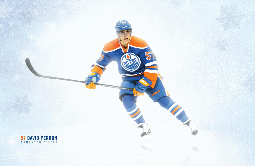 David Perron Edmonton Oilers jersey 57 in dynamic motion icy blue winter NHL wallpaper background