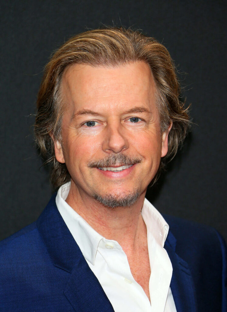 David Spade in blue suit with relaxed smile on dark background wallpaper for comedy fans