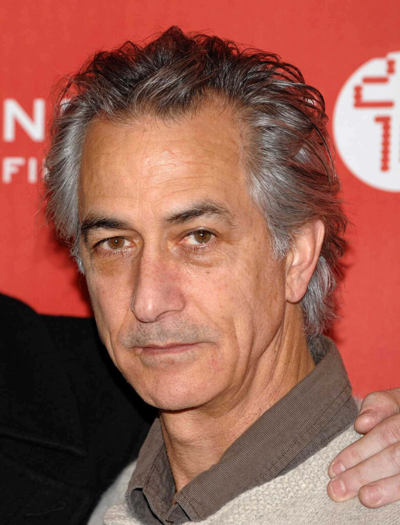 David Strathairn portrait with red background salt and pepper hair calm composed gaze wallpaper